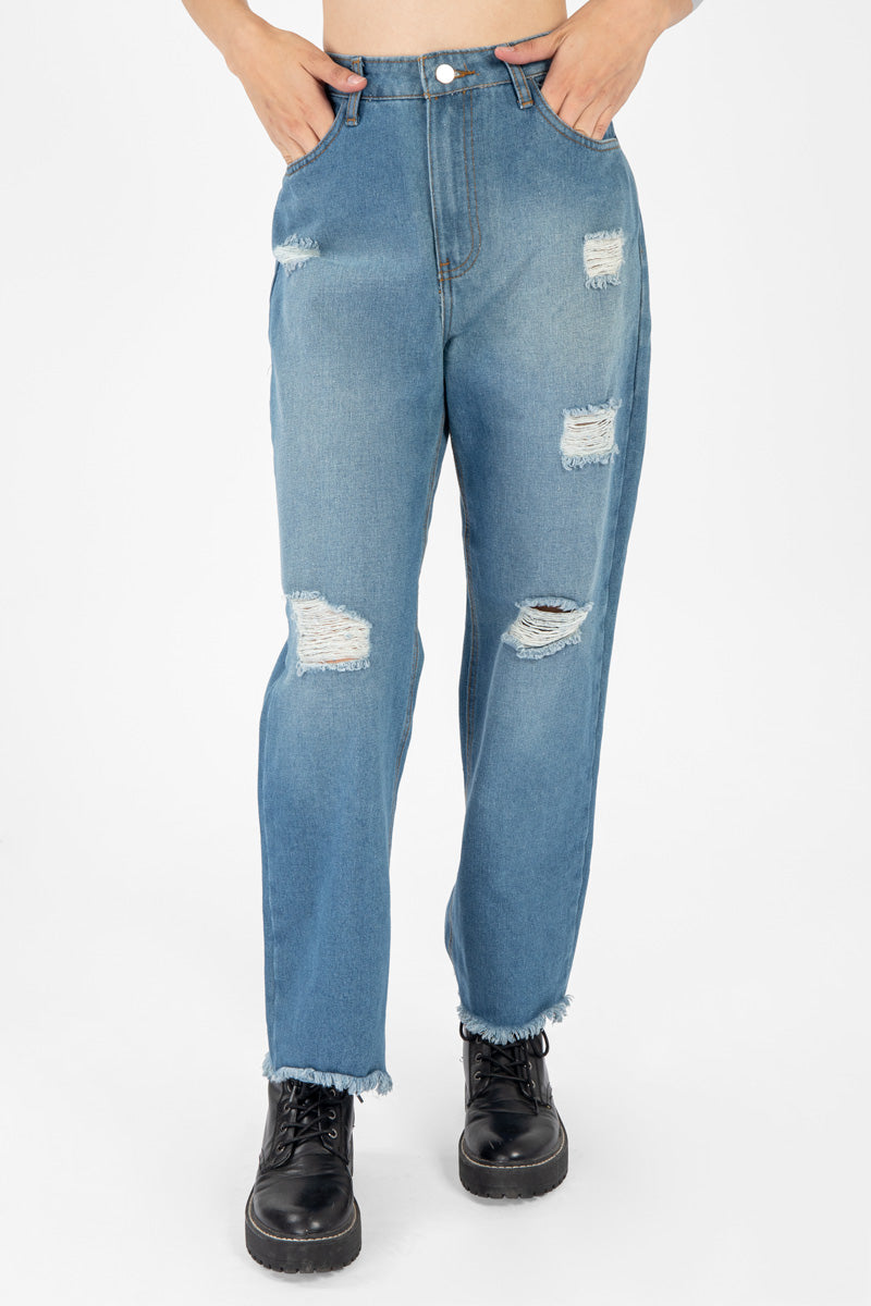 Jeans tiro alto con destrucción con bolsas (6719787991082)